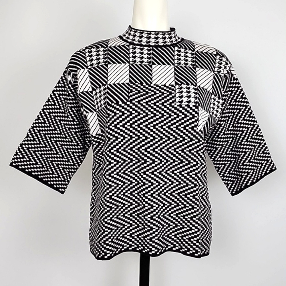 Belldini Women's Soft Knit Top Black Cream 3/4 Sleeves High Checkered Size M